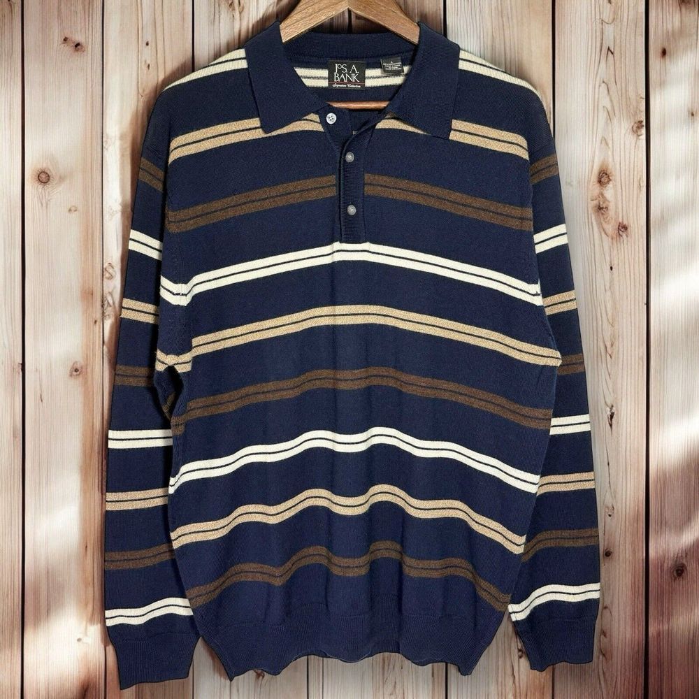 Jos A Bank Sweater Size Large 100% Merino Wool‎ Henley Navy Stripe Base Layer